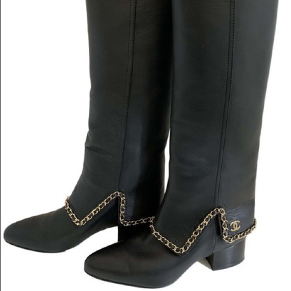 Chanel black leather knee high boots 39,5 g chain - Picture 6 of 16